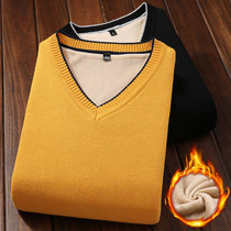 Thick winter mens sweater Korean version of V-collar plus velvet thread slim knit sweater thick mens coat tide