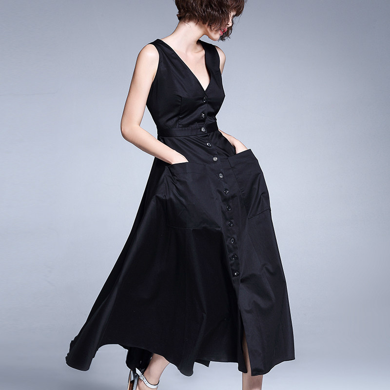 2017夏季新款黑色性感露背气质显瘦无袖v领低领连衣裙女夏长裙_6折