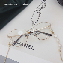 Europe and the United States new anti-blue light cat eye sunglasses personality concave shape pearl chain gold wire glasses frame metal frame flat mirror