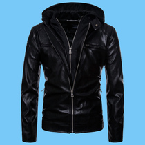Winter new fashion men hooded motorcycle leather jacket fake two jackets thickened plus size performance punk show muscle