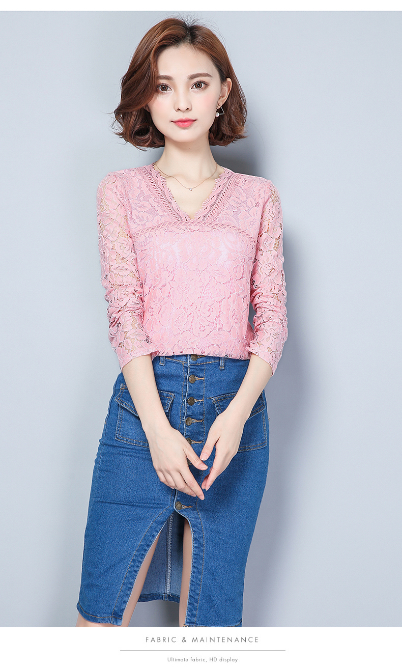 2016秋装新款蕾丝长袖修身韩版大码女装上衣v领长打底衫
