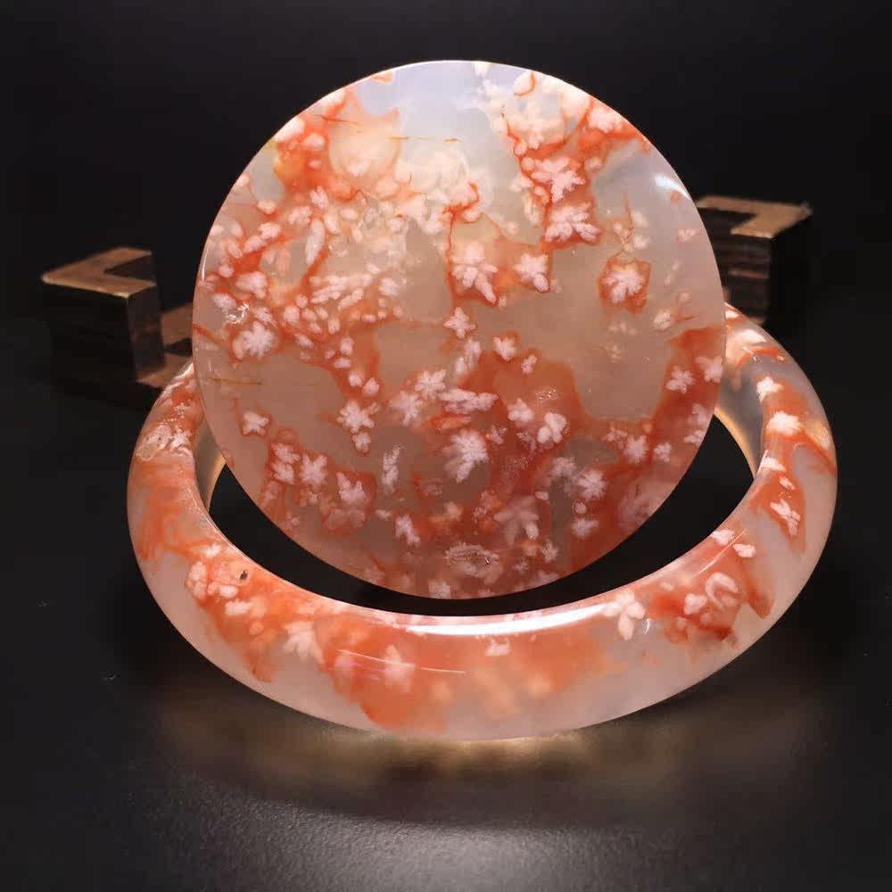 天然马达加斯加樱花玛瑙手镯女款冰透飘花樱花圆镯海洋玉髓吊坠