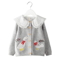 Girls Knitted Cardigan Spring and Autumn Children Womens Baby Korean Gray Long Sleeve Short Cartoon Outside Sweater Jacket