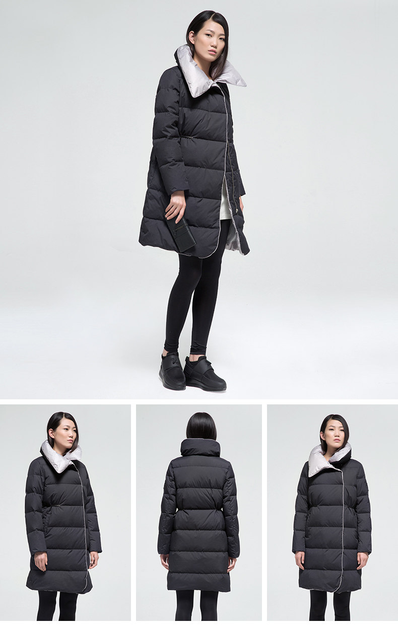 misun/米尚羽绒服女2017新款立领加厚中长面包服款简约pu抽绳外套