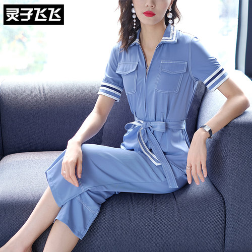 灵子飞飞2018夏装新品翻领学院风拉链修身蝴蝶结连体裤青春女装_7折