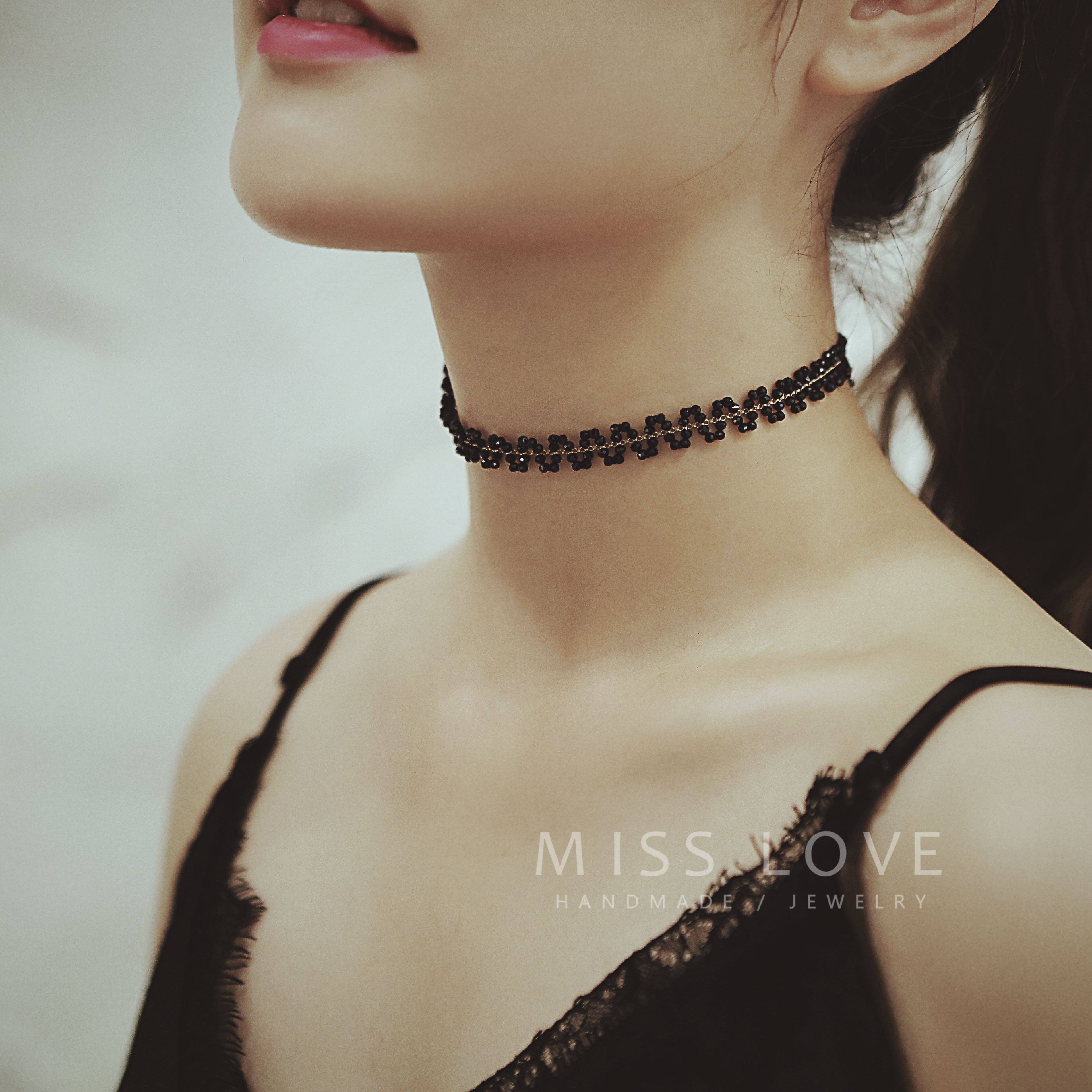 美国14k包金蕾丝黑尖晶石choker项链颈圈颈链锁骨链女_不打折现价80.