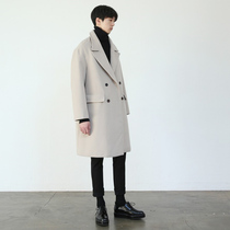 New double-breasted wool coat mens medium-long Korean version loose British style mens cashmere coat off-the-shoulder coat