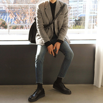 Mens wool coat Mens short Korean slim winter thickened houndstooth plaid suit double-breasted cashmere jacket