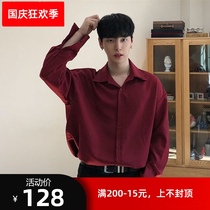New Mens Ice Silk Korean shirt mens long sleeve summer Korean version of loose wine red shirt mens thin style