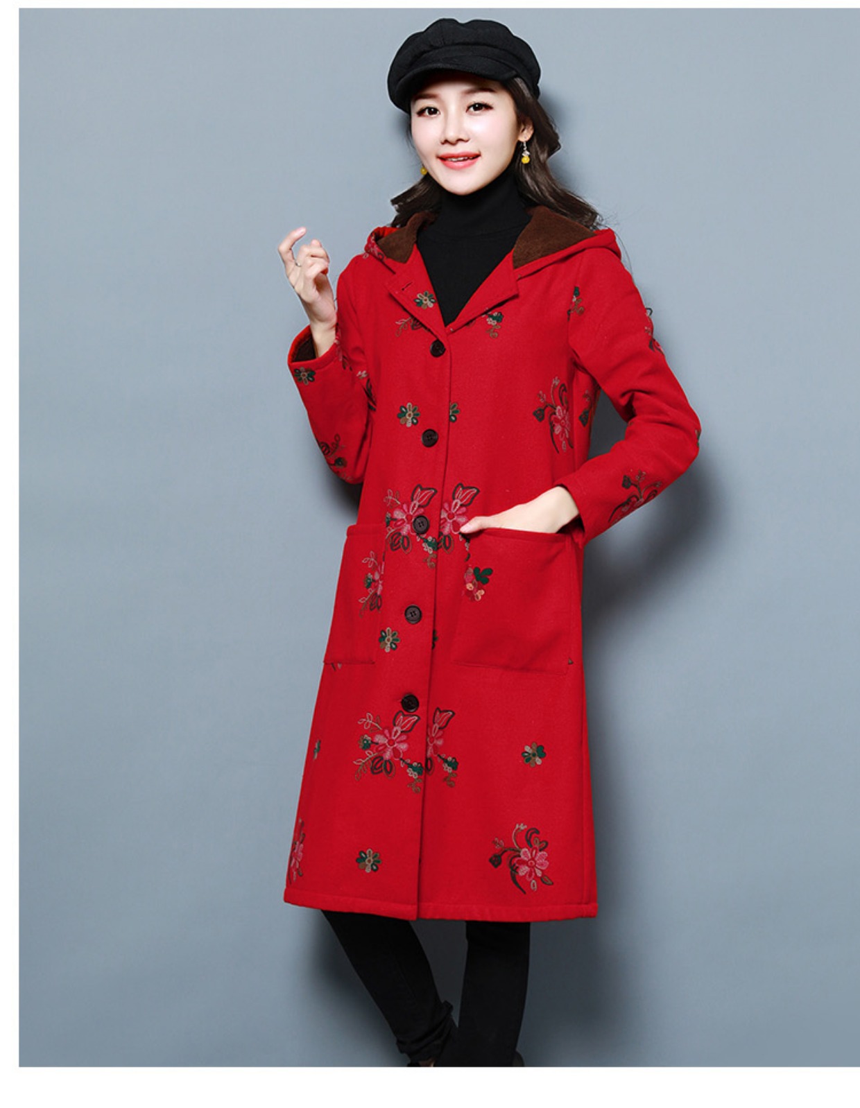 秋冬加绒棉衣女中长款棉麻复古连帽加厚棉服民