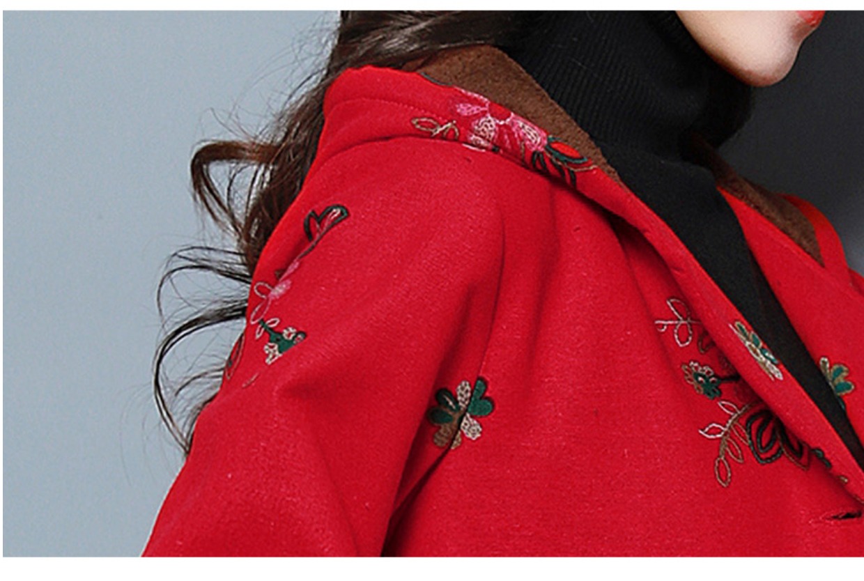 秋冬加绒棉衣女中长款棉麻复古连帽加厚棉服民