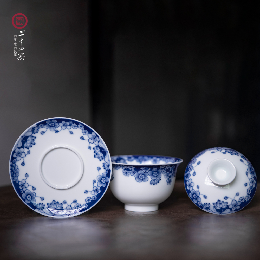 Twenty - four ware jingdezhen blue and white only three hand - made tureen single tea cup full checking ceramic kung fu tea set