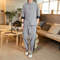 2019 spring new Tang clothing Han clothing male youth ancient style casual linen suit male Chinese style cotton and hemp ancient costume