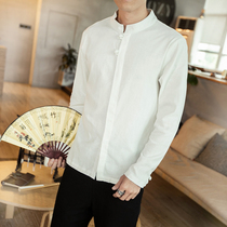 Chinese style spring new cotton linen Tang costume retro buckle large size long sleeve collar shirt mens solid color tide shirt