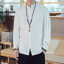 2019 spring new mens Chinese style fashion mens retro buckle cotton hemp long sleeve solid color large size casual T-shirt