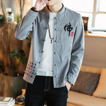 Spring new Chinese style Tang suit cotton jacket mens buckle casual top trend casual jacket linen shirt