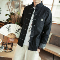 autumn new Chinese style men's denim jacket top casual vintage disc buttons embroidery ethnic style men's jacket trendy