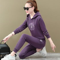 Womens casual sportswear suit suit 2021 Spring and Autumn new fashion embroidery hooded sweater overalls overalls two-piece set