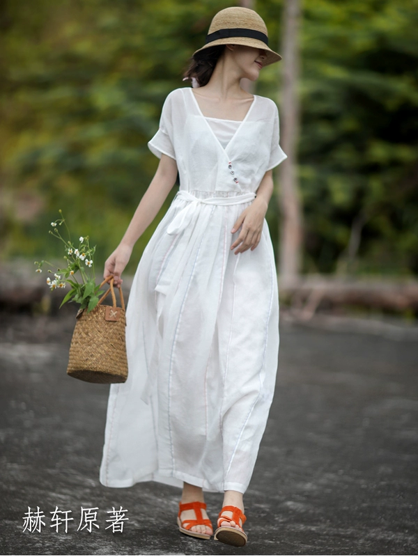 Hexuan ban đầu phong cách dân tộc cao cấp váy gai tinh khiết mùa hè nghệ thuật retro tính khí của phụ nữ váy dài váy lanh - Váy dài