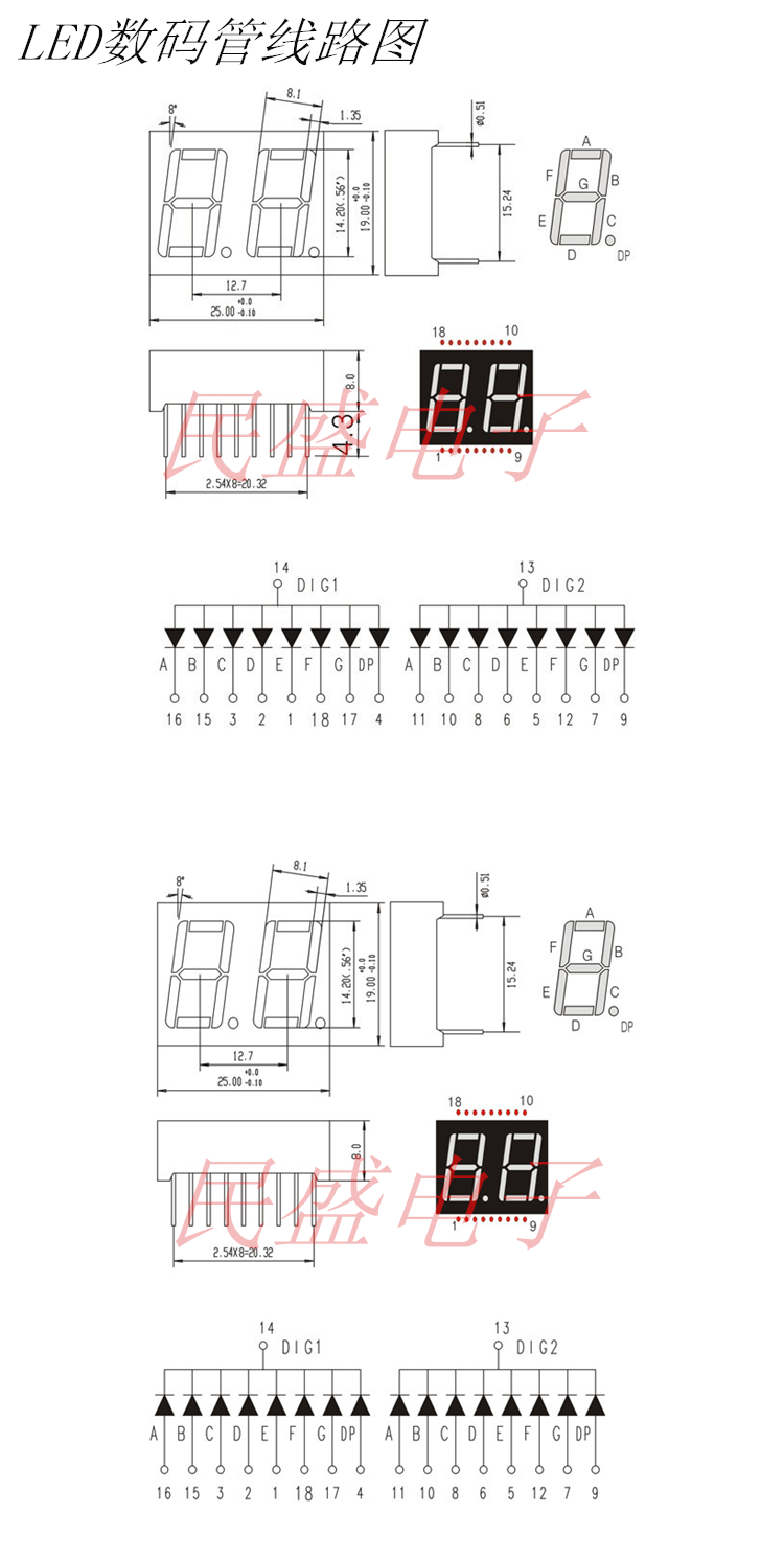 2位0.56寸二位红光 红色 18脚数码管led 共阳 共阴 5621as bs
