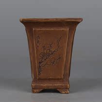 Imitation of the Cultural Revolution Gu Shaopei made Yixing purple sand Blue Plum pattern Square small flowerpot miniature flower pot small bonsai Basin