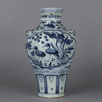 Imitation unearthed Yuanhua Mandarin duck Crane pattern luminous porcelain eight square double ear bottle old goods antique antique collection ornaments