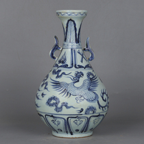 Imitation unearthed blue and white phoenix pattern luminous porcelain double ear jade pot Spring bottle vintage antique porcelain collection ornaments