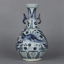 Imitation unearthed blue and white fish grass pattern luminous porcelain double ear jade pot Spring bottle old antique porcelain collection ornaments