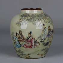 Daqing Guangxu annual model pastel bamboo forest seven sages bean green sauce glaze mouth jar antique porcelain antique