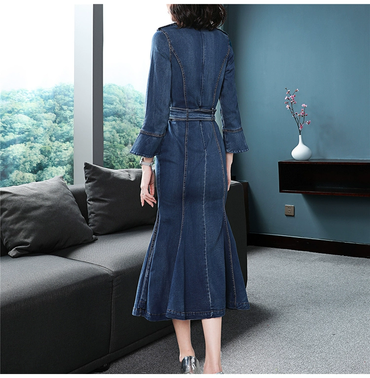 isaly2021 mùa xuân mới của phụ nữ áo dài cổ điển dài tay eo giảm béo cải tiến váy denim sườn xám - Váy dài