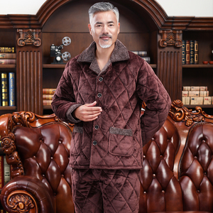 冬季法兰绒睡衣男中老年人爸爸三层加厚夹棉珊瑚绒保暖家居服套装