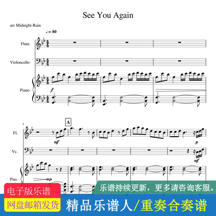 see you again 长笛 钢琴 大提琴合奏总谱 分谱