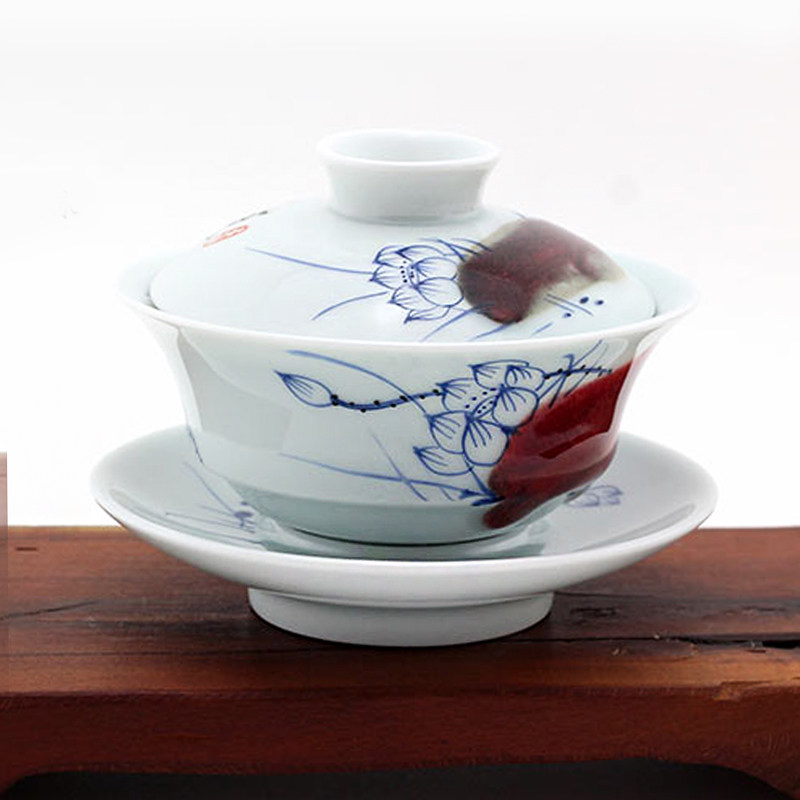 And only blue And white youligong auspicious lotus three tureen jing DE hand - made teacup, jingdezhen ceramic bowl cover cup