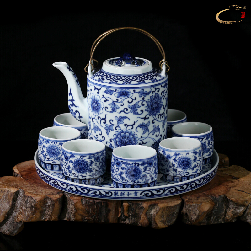 And auspicious old ceramic kung fu tea set gift of jing DE suit all hand blue And white lotus flower girder pot set