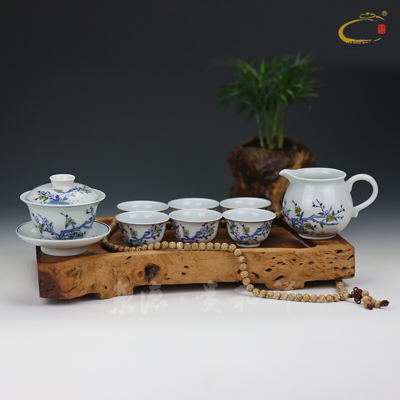 Beijing DE and auspicious jingdezhen hand - made ceramic kung fu tea set of the whole up peach blossom put tureen group gift boxes