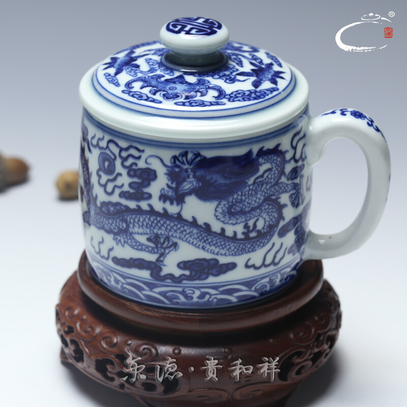 Hand - made porcelain and auspicious system office of jingdezhen ceramics by Hand the boss cup cup of green tea cups with cover cup