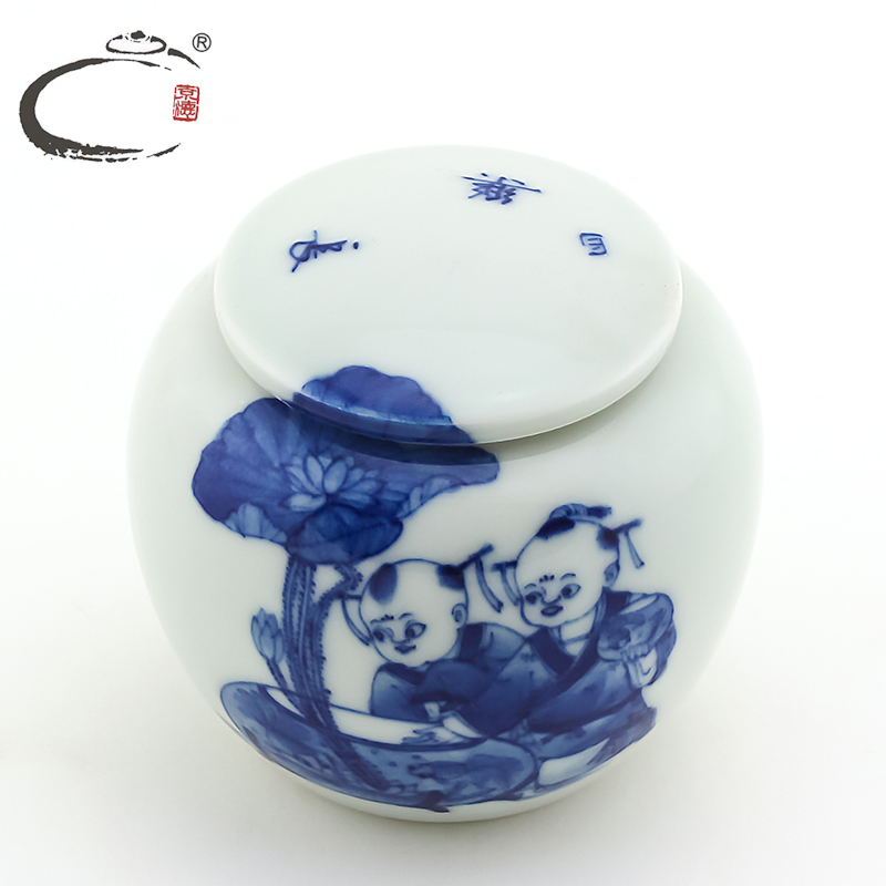 And auspicious jing DE collection jingdezhen blue And white changle lad caddy fixings hand - made ceramic small POTS sealed as cans