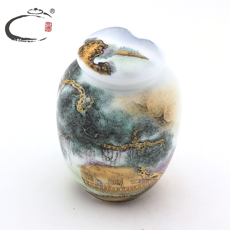 Old and auspicious porcelain craft works of li yong pastel landscape gao caddy fixings ceramic seal pot