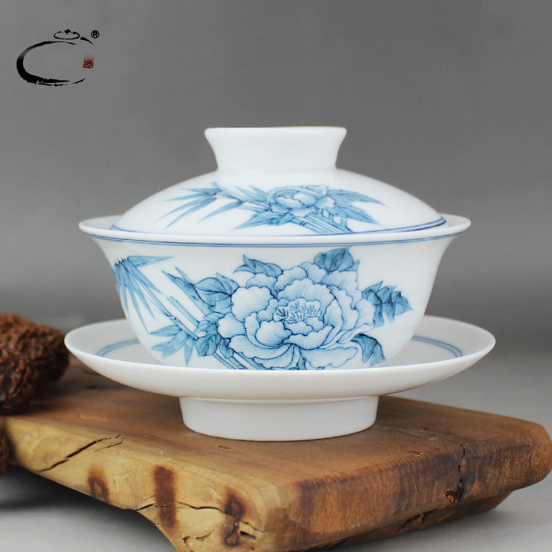 Jing DE and auspicious jingdezhen porcelain tureen large kung fu tea set hand made peony riches and honour tureen cup three bowls