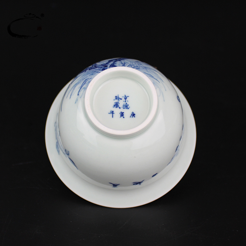 Beijing DE auspicious esteeming harmony manual hand - made tureen jingdezhen blue and white porcelain cups, ceramic kung fu tea tureen three bowls