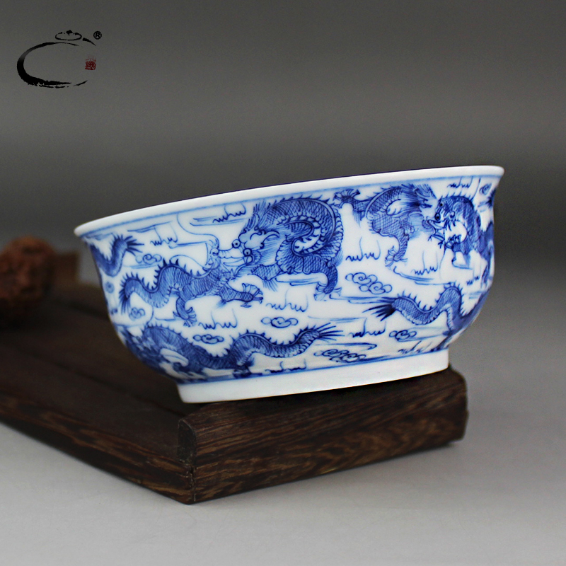 And auspicious jing DE up limited - edition ceramic cup sample tea cup large blue And white JiuLongBei kung fu tea cup drawing by hand