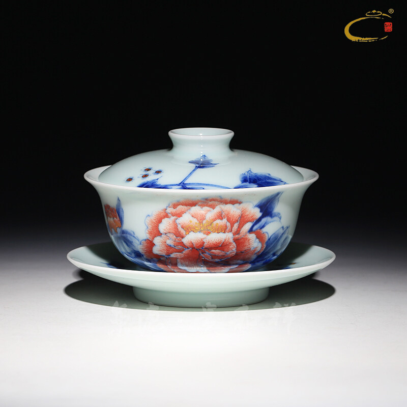 And auspicious jing DE collection hand - made glair peony tureen three cup bowl bowl of jingdezhen ceramic kung fu