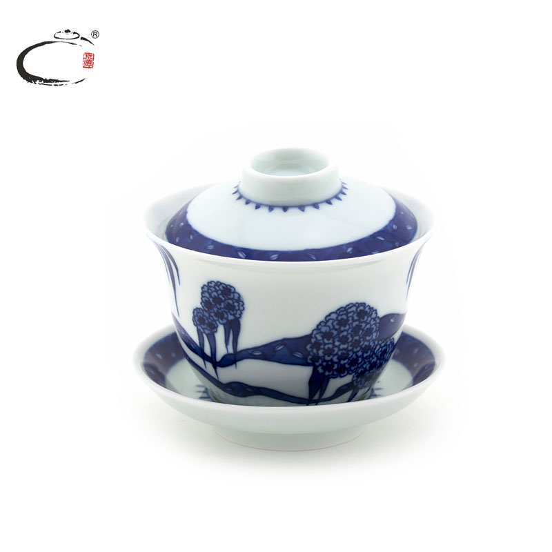Jing DE and auspicious blue hydrangea tureen jingdezhen ceramic three big yards to medium bowl of kung fu tea set to use
