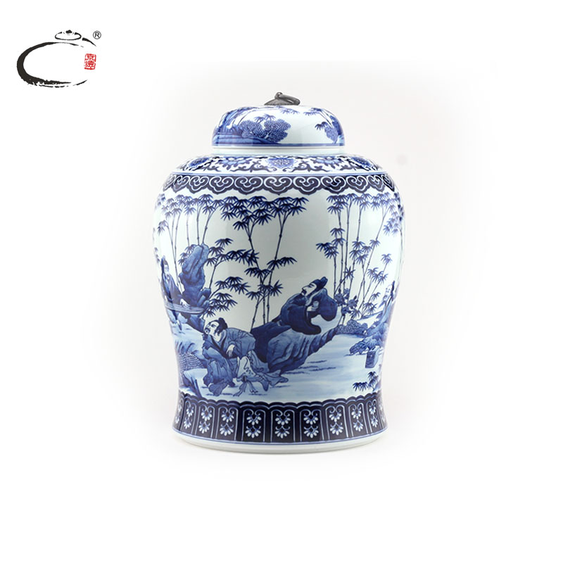 The Master of jingdezhen blue and white bamboo seven sages and auspicious caddy fixings hand - made seven loaves puer tea pot of tea packaging