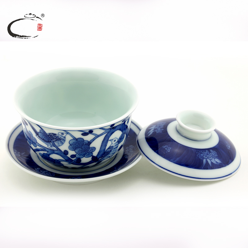 And auspicious hand - made tureen of blue And white porcelain of jingdezhen ceramic three bowl of manual cover cup tea bowl to bowl