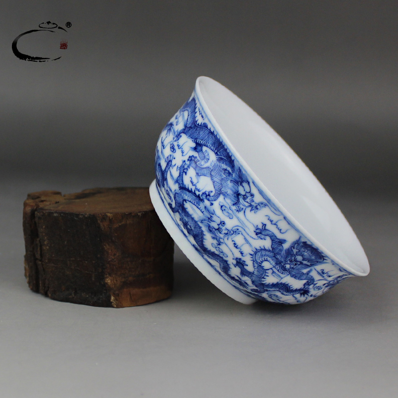 And auspicious jing DE up limited - edition ceramic cup sample tea cup large blue And white JiuLongBei kung fu tea cup drawing by hand