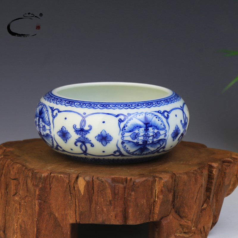 And auspicious jing DE writing brush washer from jingdezhen blue And white ball disc archaize water, after the four treasures of the study supplies a hand - made ceramic large