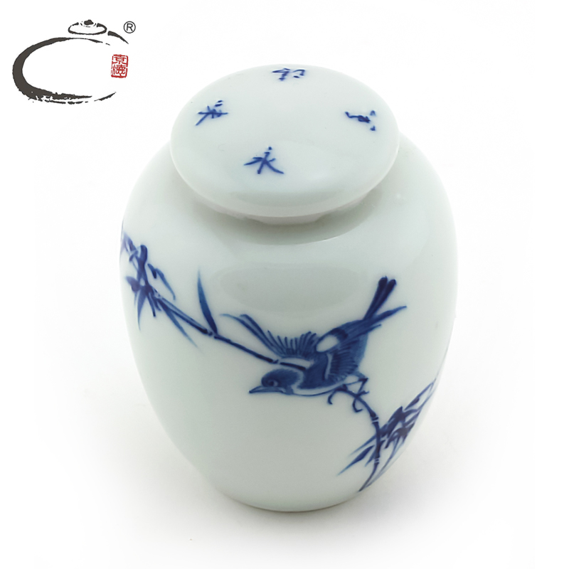 Jingdezhen blue and white bamboo and auspicious bird caddy fixings hand - made ceramic mini puer tea pot small seal storage tank