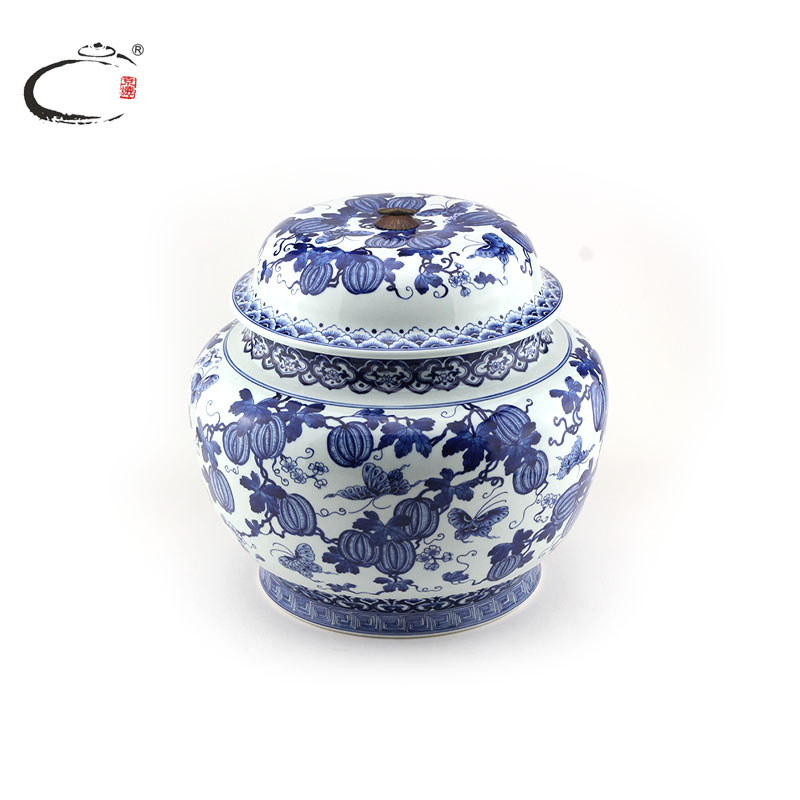 And auspicious large master of jingdezhen blue And white watermelon caddy fixings hand - made ceramic moistureproof tea packaging tea pot