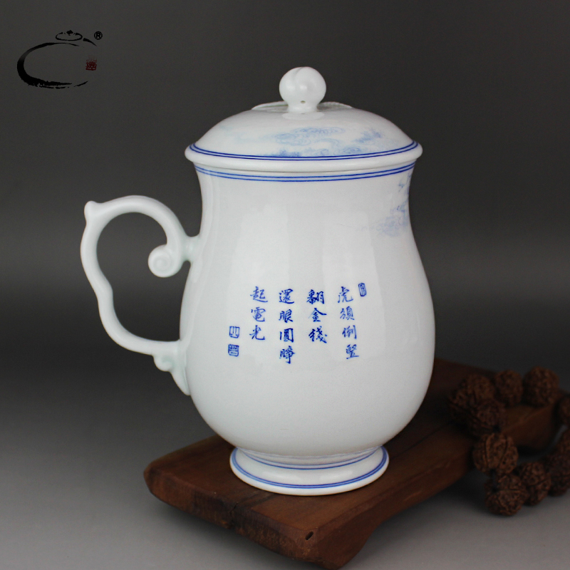 And auspicious jingdezhen porcelain office cup by hand the the original kaolin as embryo hand - made zhang fei, mugs boss of blue And white porcelain cup